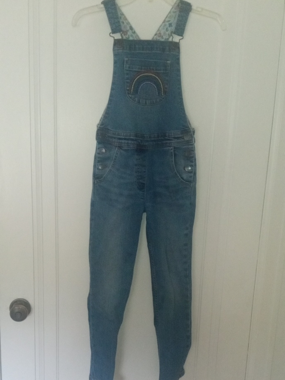 girls 8-9 BODEN denim jean overalls, rainbow stitched design on chest